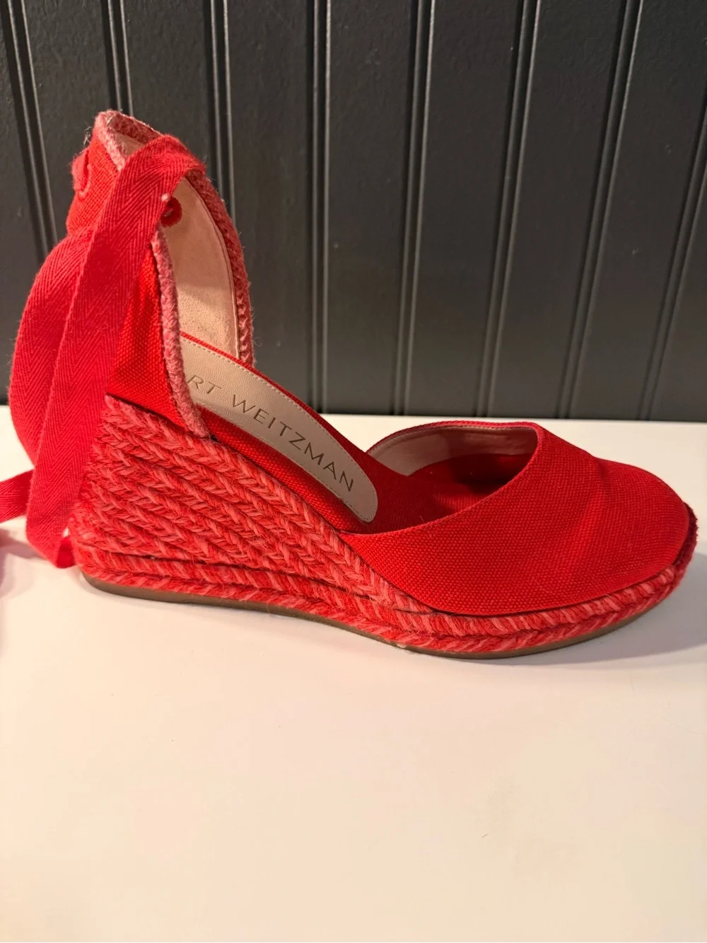 Stuart Weitzman Bright Red Canvas Espadrille Wedge Sandals
